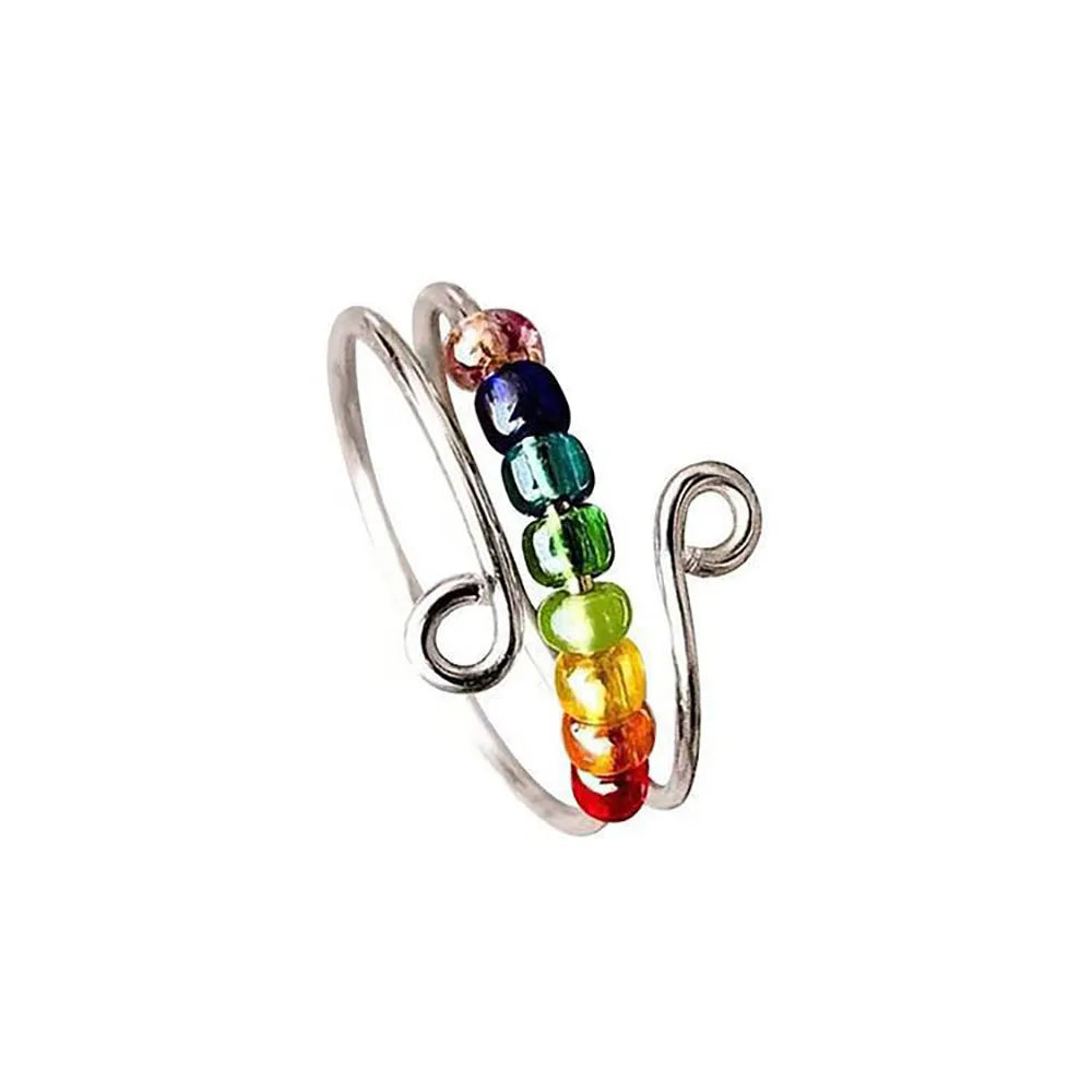 Fidget Ring Rotatable Anti Stress Spinner Anxiety Silver Metal Rotate Stainless Steel Colourful Beads