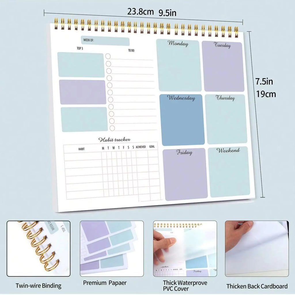 Undated Weekly Planner Pad with Habit Tracker, Twin-Wire Binding, Pvc Cover, Desk Schedule Notepad