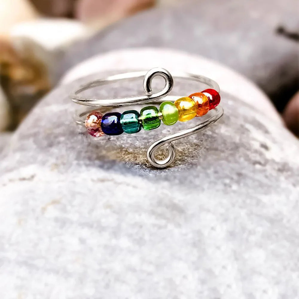 Fidget Ring Rotatable Anti Stress Spinner Anxiety Silver Metal Rotate Stainless Steel Colourful Beads