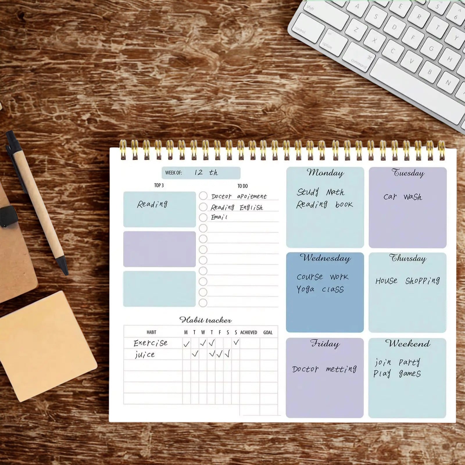 Undated Weekly Planner Pad with Habit Tracker, Twin-Wire Binding, Pvc Cover, Desk Schedule Notepad