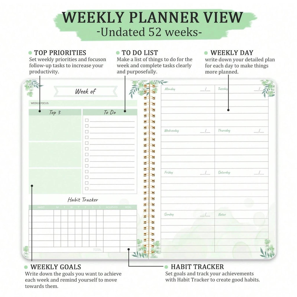 A5 Weekly Planner, Undated Organizer with Weekly Focus, To-Do List, Habit Tracker, Perfect for Work, School, and Productivity