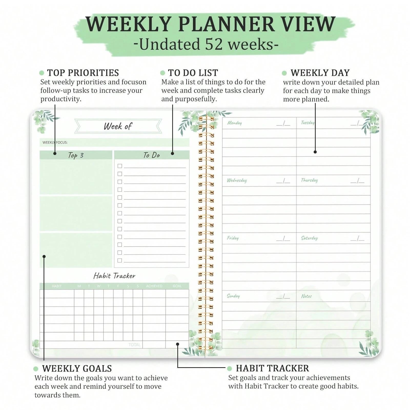 A5 Weekly Planner, Undated Organizer with Weekly Focus, To-Do List, Habit Tracker, Perfect for Work, School, and Productivity