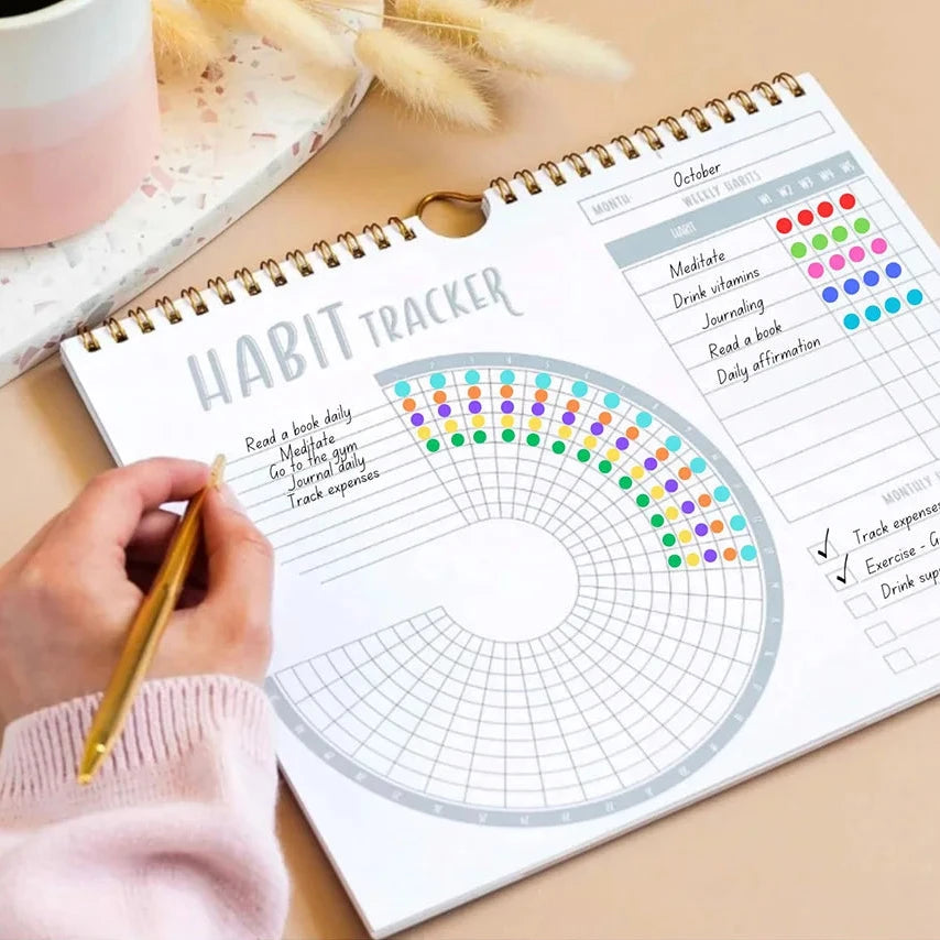 Habit tracker with colorful dot markers on a desk with a cup and decorative elements.