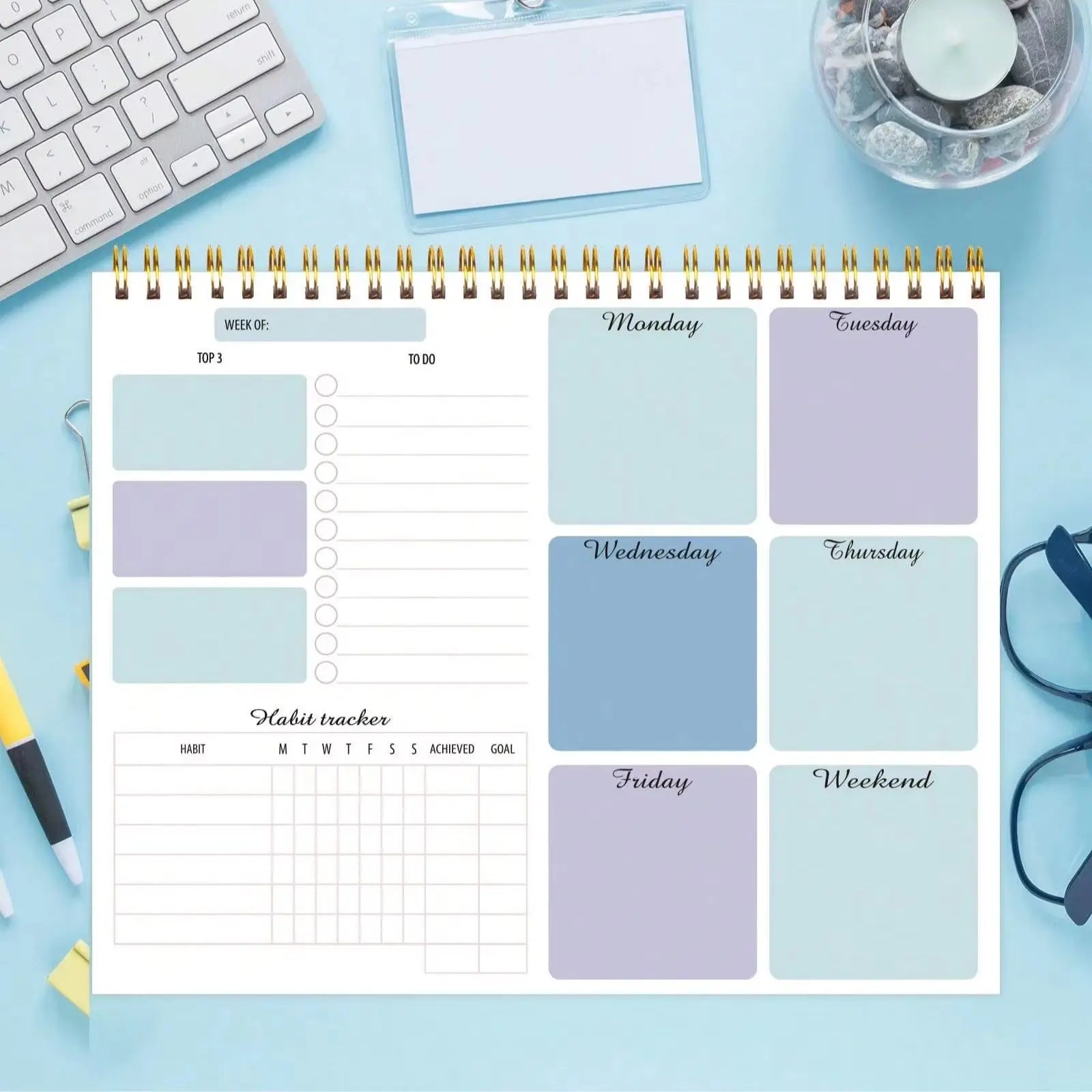 Undated Weekly Planner Pad with Habit Tracker, Twin-Wire Binding, Pvc Cover, Desk Schedule Notepad