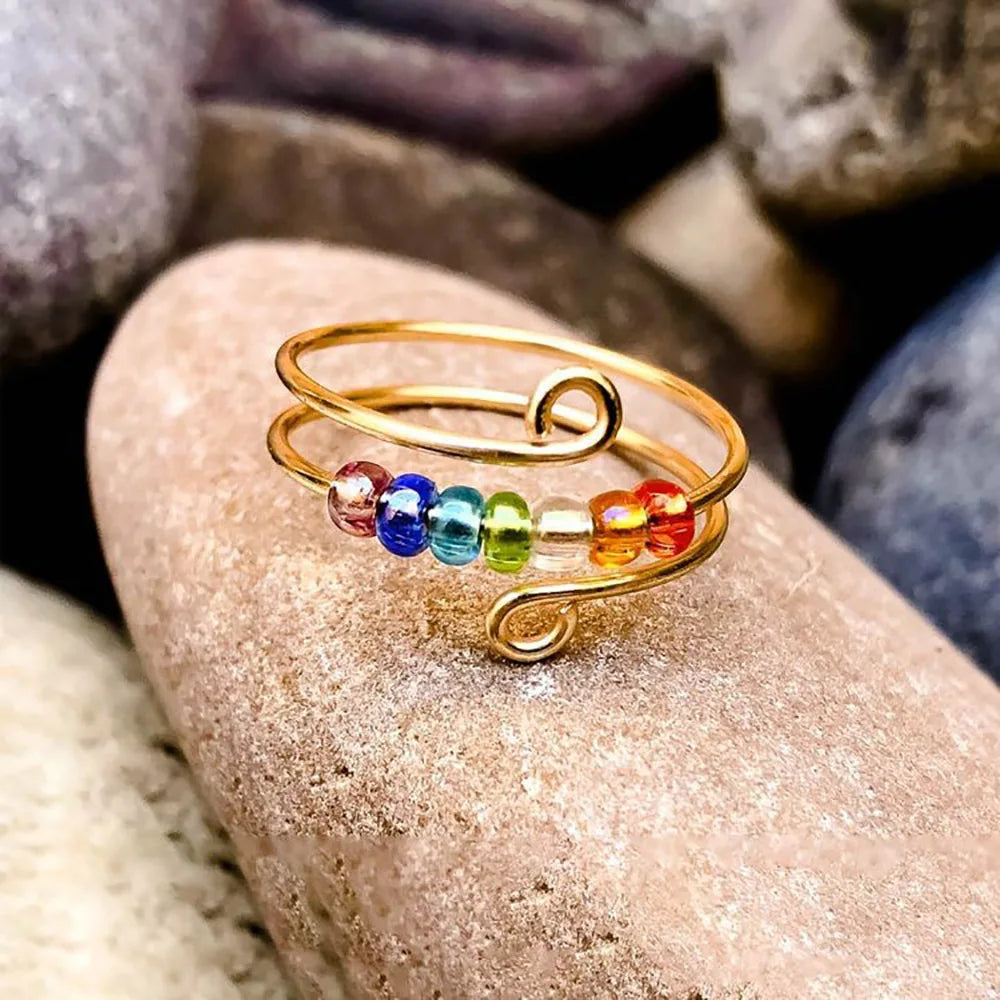 Fidget Ring Rotatable Anti Stress Spinner Anxiety Silver Metal Rotate Stainless Steel Colourful Beads