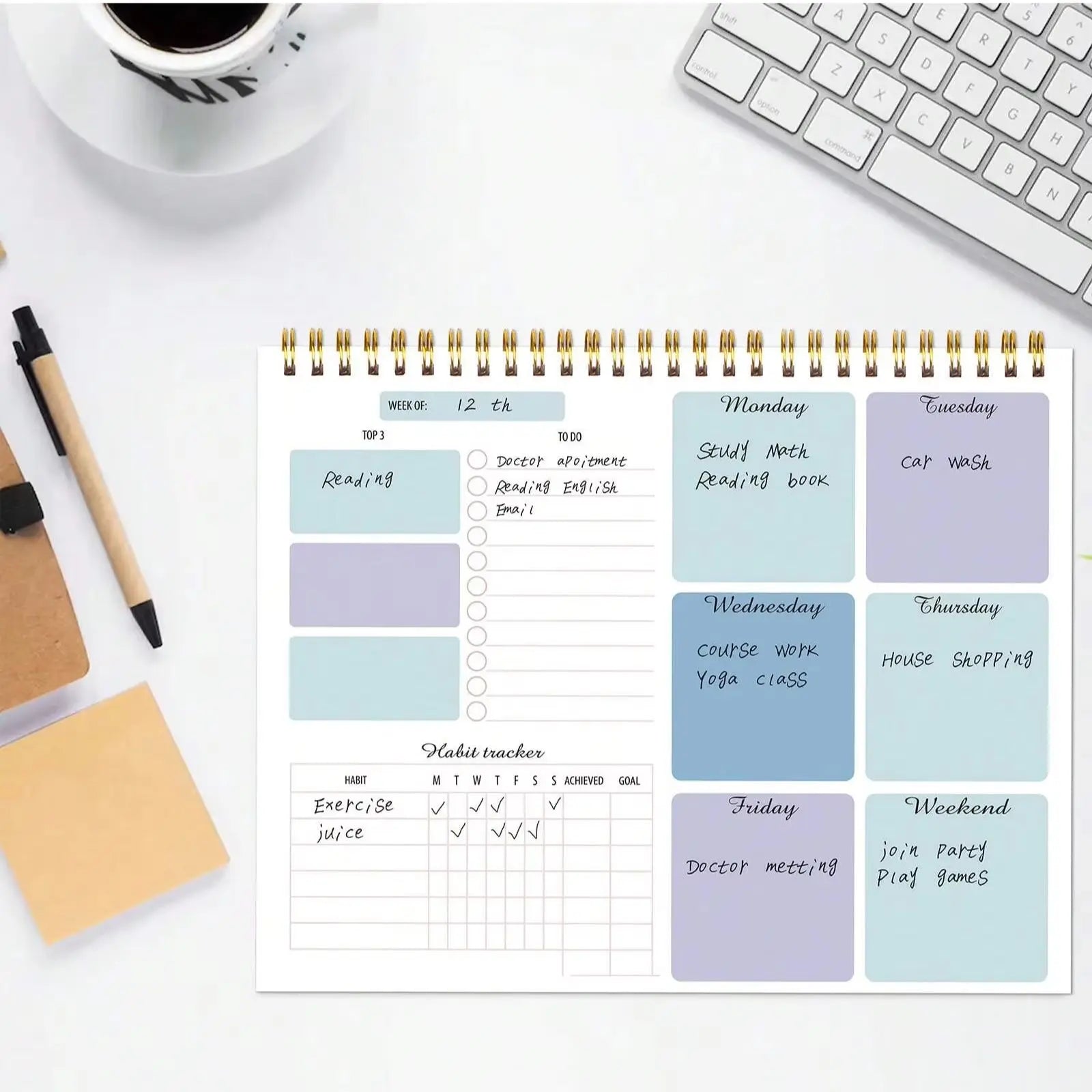Undated Weekly Planner Pad with Habit Tracker, Twin-Wire Binding, Pvc Cover, Desk Schedule Notepad