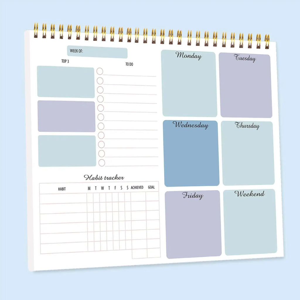 Undated Weekly Planner Pad with Habit Tracker, Twin-Wire Binding, Pvc Cover, Desk Schedule Notepad