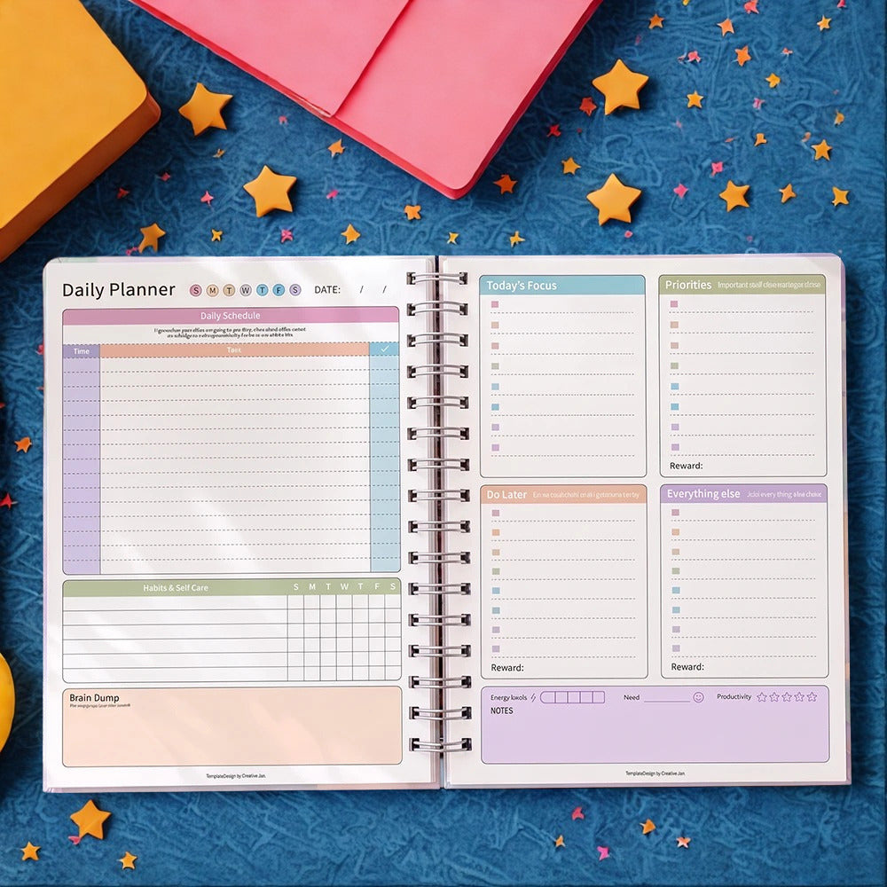 64 Page ADHD Daily Focus Planner A5 Notebook with Stickers Multi-Color Pages for Neurodivergent Adults Students